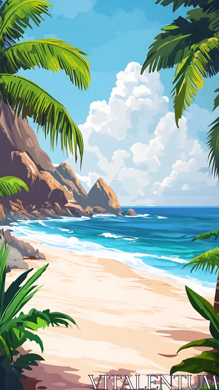 Tropical Beach Cove with Palm Trees and Rocky Shoreline