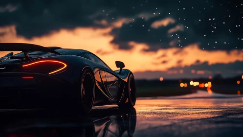 Midnight supercar burns neon streaks across wet horizon.