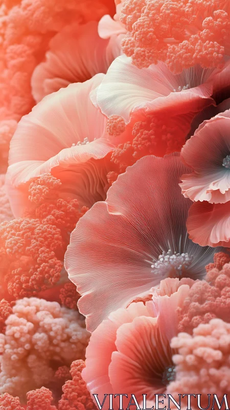 Coral pink abstract flowers in soft close up view.