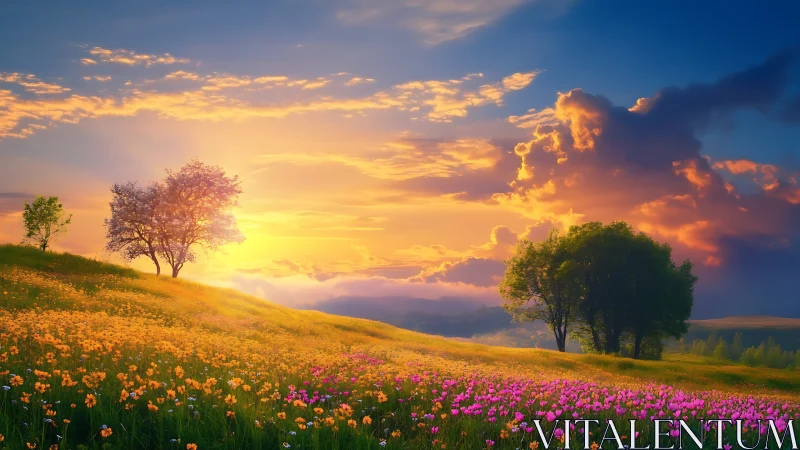 Sunset-illuminated wildflower meadow with distant rolling hills