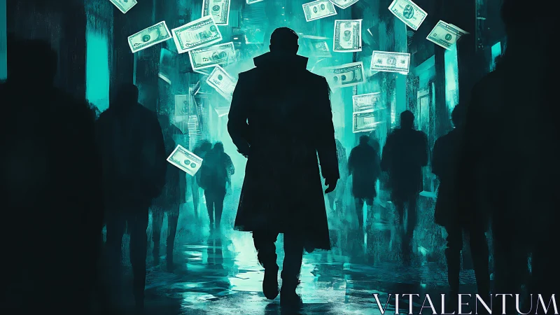 Silhouetted man walks city street under floating dollar bills.