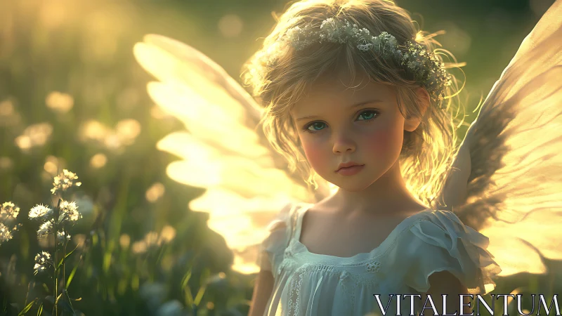 Backlit ethereal child fairy with translucent wings in meadow
