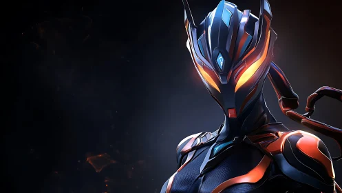 Futuristic neon-armored android against embered void backdrop.