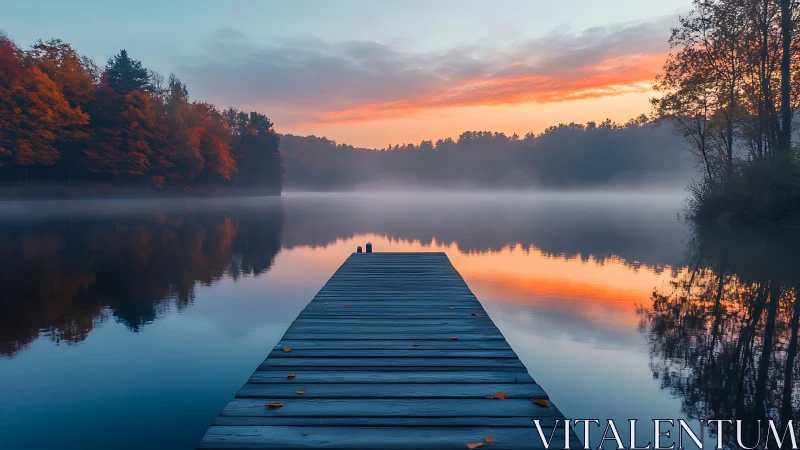Serene wooden pier leads into misty autumn sunrise lake.