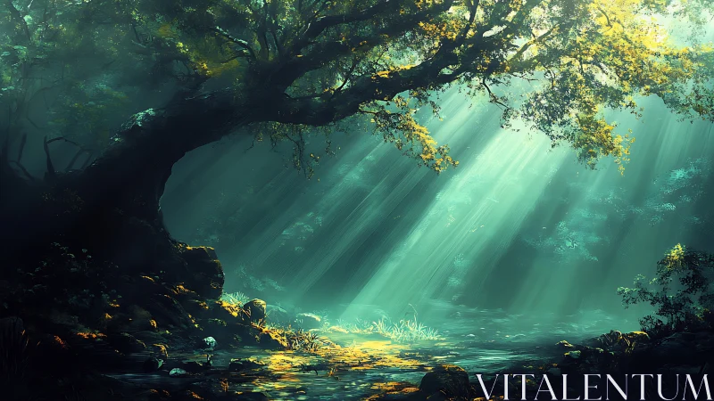 Mystical Forest Cavern with Celestial Light Rays