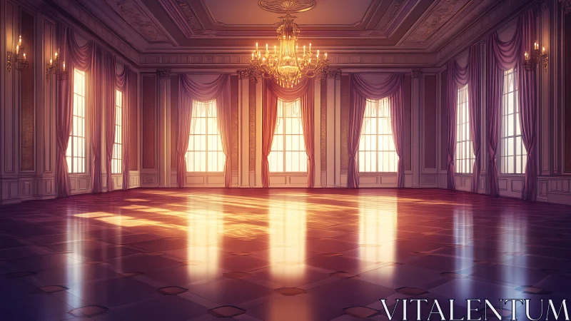 Digital painting of neoclassical sunlit ballroom interior.