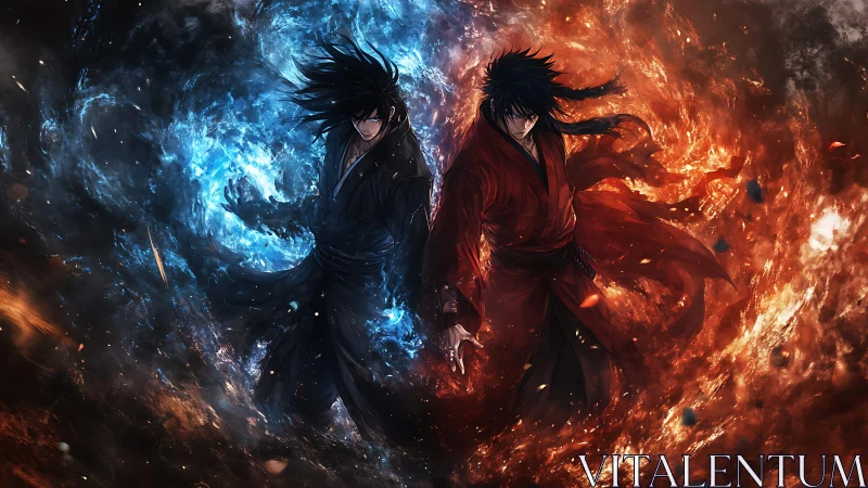 Twin elemental warriors standing between blazing fire and ice.