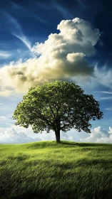 Solitary deciduous tree under cumulus cloud on windswept hill