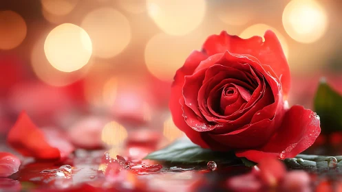 Red rose with water droplets and bokeh lighting background