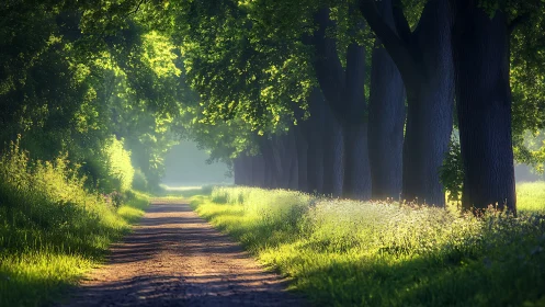 Mature Tree-Lined Pathway With Diffuse Photonic Canopy Illumination.