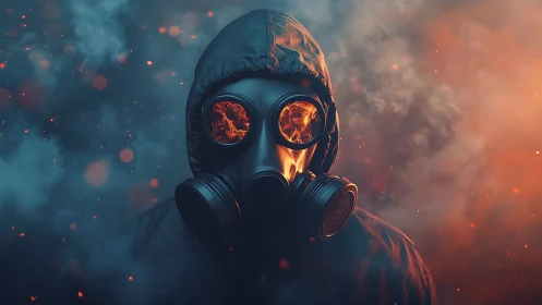 Hooded figure in gas mask surrounded by smoke and fire.