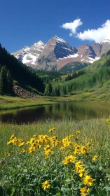 Snowy mountain peaks above alpine lake and wildflowers.