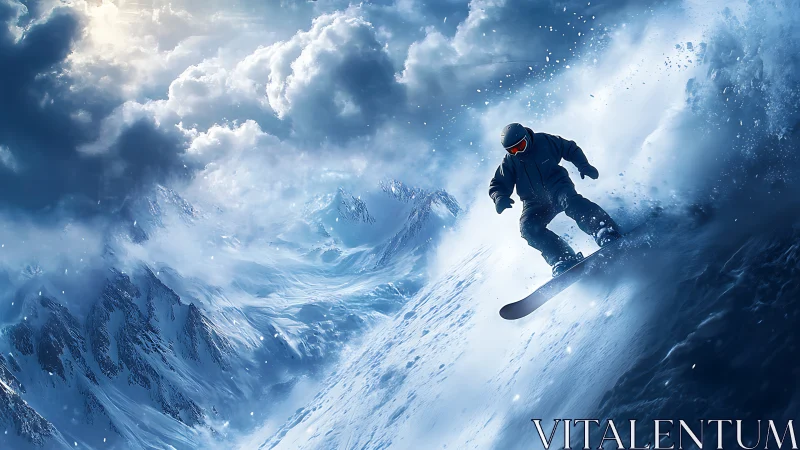 Snowboard rider carves stormy mountain face at speed.