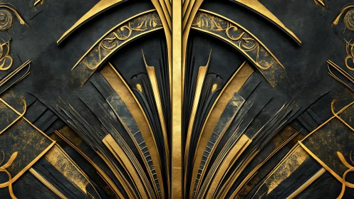 Gold and black geometric art deco abstract panel design.