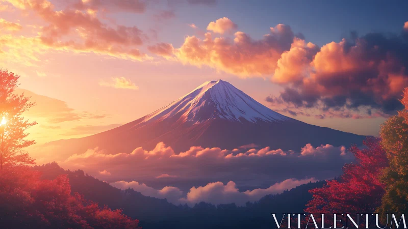 Radiant alpine peak above glowing clouds at sunrise.