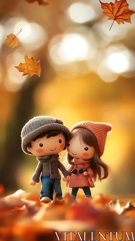 Autumn Romance: Stylized Characters in Seasonal Bokeh Scene.