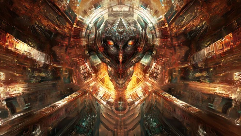 Cyberpunk infernal core with symmetrical mechanoid visage.