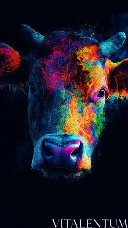 Cow head rendered in vivid neon spectrum against black background