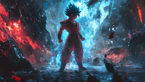 Stylized fighter stands between blue energy and red lava