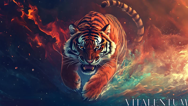 Tiger charges through fire and water in vivid digital artwork