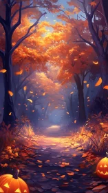 Autumn Forest Twilight: Illustrated Pathway through Glowing Foliage.