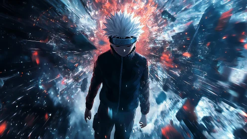 White haired anime figure amid radial energy fragments.