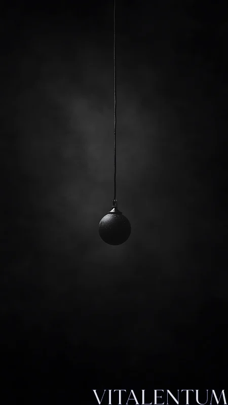 Single spherical ornament is suspended by cord in darkness