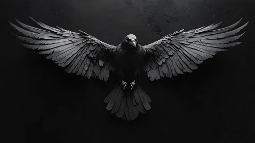 Monochrome raven spreads sculpted wings against matte black field