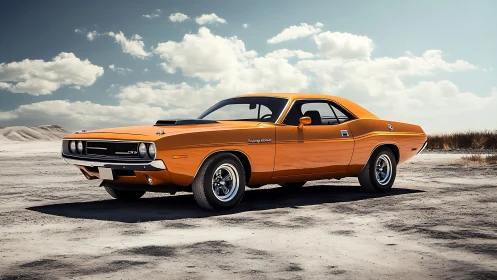 Bold orange muscle car stands poised on a sunlit desert plain.