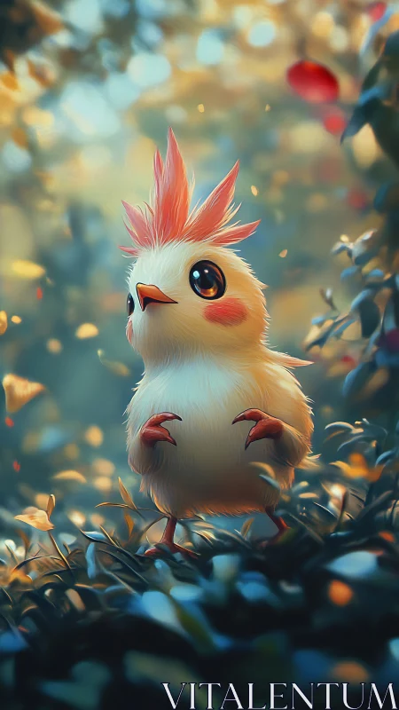 Stylized bird character with red crest and cream plumage rendered digitally.