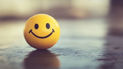 Yellow smiley face ball on wet reflective surface in focus.