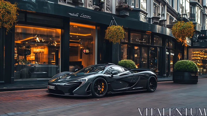 Carbon-black hypercar on luxe urban street at dusk.