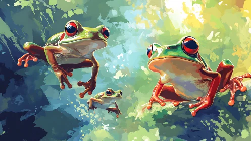 Triadic red-eyed frogs in high-saturation digital habitat.