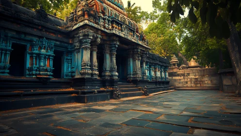 Old stone temple corridor stands under dense green trees
