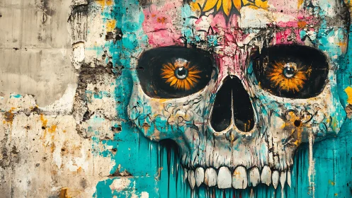 Graffiti skull stares back with molten sunflower eyes blazing