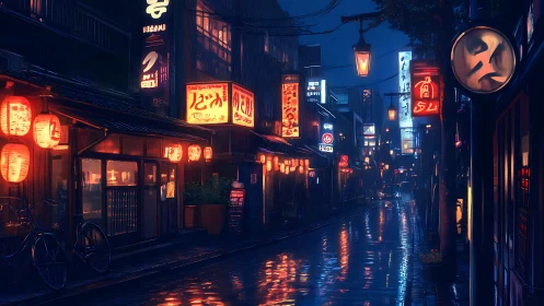 Neon lanterns glow softly along a rainy Japanese side street