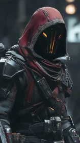 Hooded sci fi sentinel in weathered armor with ember visor.