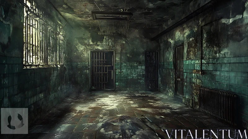 Dilapidated tiled corridor with barred doors and window