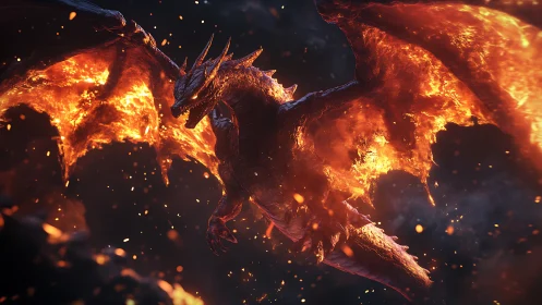 Volcanic-winged draconic entity in high-energy ignition flight.