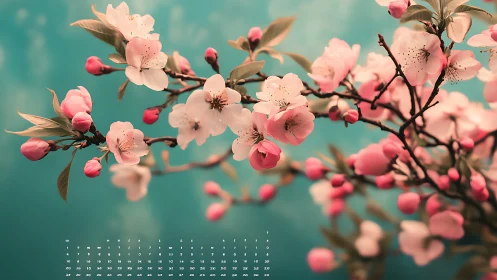 Delicate Cherry Blossoms Dance Against Turquoise Sky