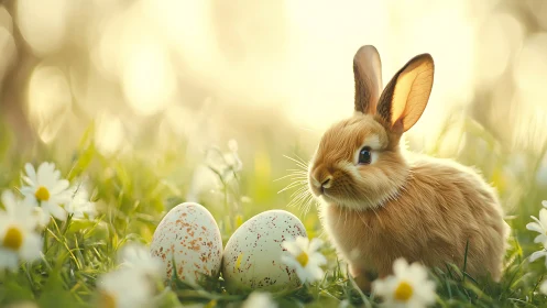 Young rabbit with speckled eggs in sunlit spring meadow