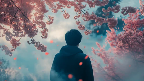 Figure under blooming cherry trees in soft atmospheric light.