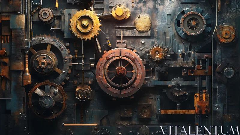 Rust-lit clockwork wall of gears humming with quiet stories.