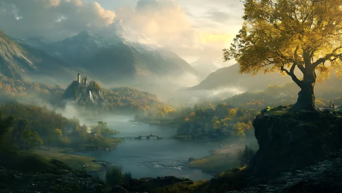 Sunlit riverside oak above misted valley castle at dawn