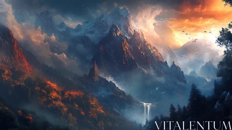 Fiery mountain sunrise welcomes a hidden fantasy valley keep