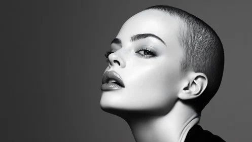 Monochrome close-up portrait of shaved-head person in profile.