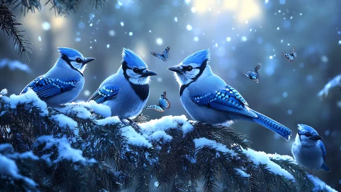 Blue Jays and Butterflies on Snowy Pine Branches in Dreamy Winter Scene.