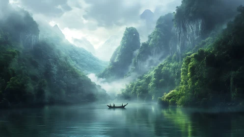 Mist-veiled limestone fjord cradles tranquil fishing boat.
