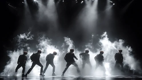 Silhouetted dance troupe in dynamic backlit stage smoke.