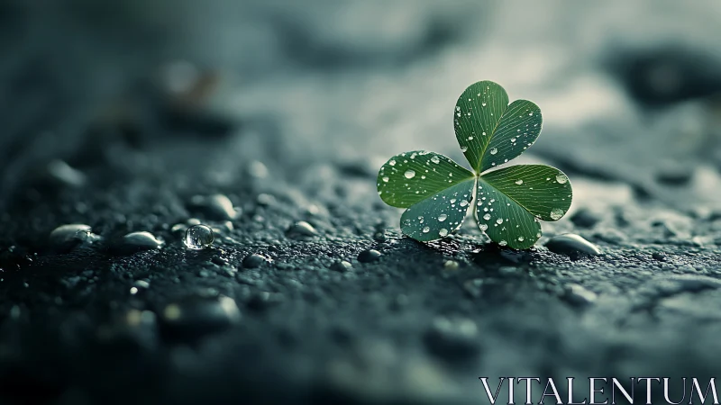 Green clover leaf with raindrops on wet dark stone surface.